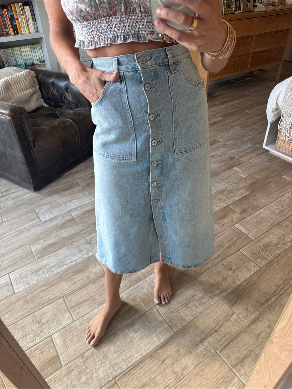 Citizens Of Humanity Light Blue Button-Front Denim Midi Skirt